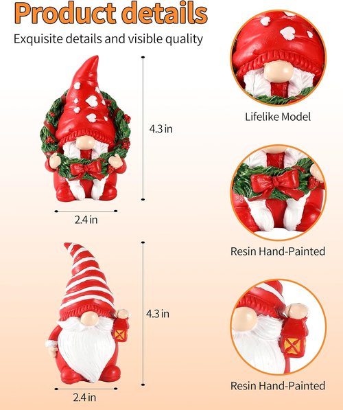 iStatue Set of 2 Resin Christmas Gnomes - Adorable Hand-Painted 4.3'' Tomte Figurines for Home & Garden Decor