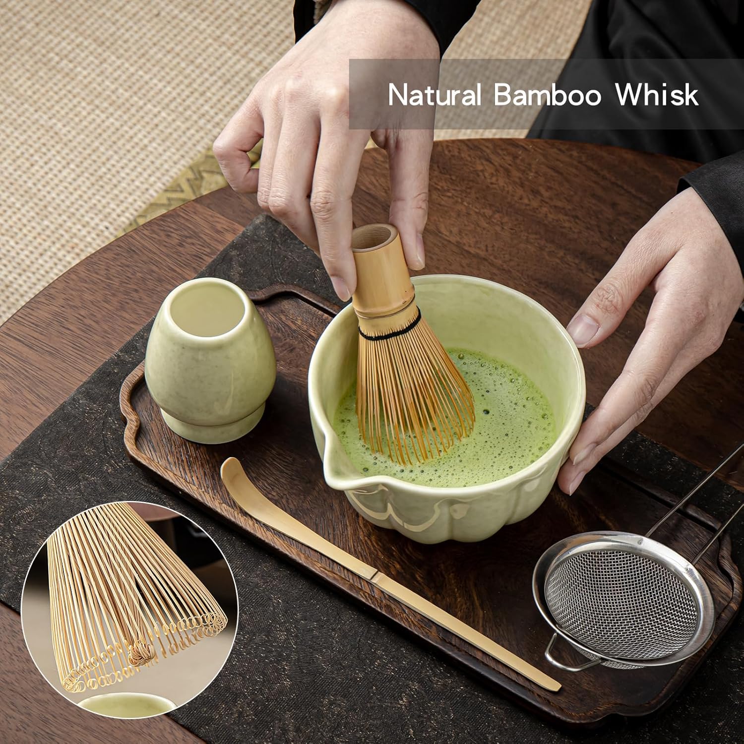 Skiennix Matcha Whisk Set - Complete 5-Piece Kit with Ceramic Bowl, Bamboo Whisk & Accessories | Mottled Green