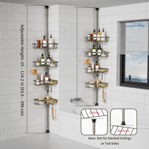 KEGII Shower Caddy Tension Pole - 4-Tier Rustproof Bathroom Organizer for Renters | 25–114.2 Inch Silver Gray