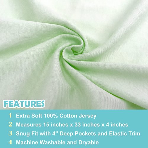 American Baby Company 15" x 33" Fitted Bassinet Sheet, 100% Natural Cotton Jersey Knit, Green, Soft Breathable, for Boys and Girls (Pack of 2)