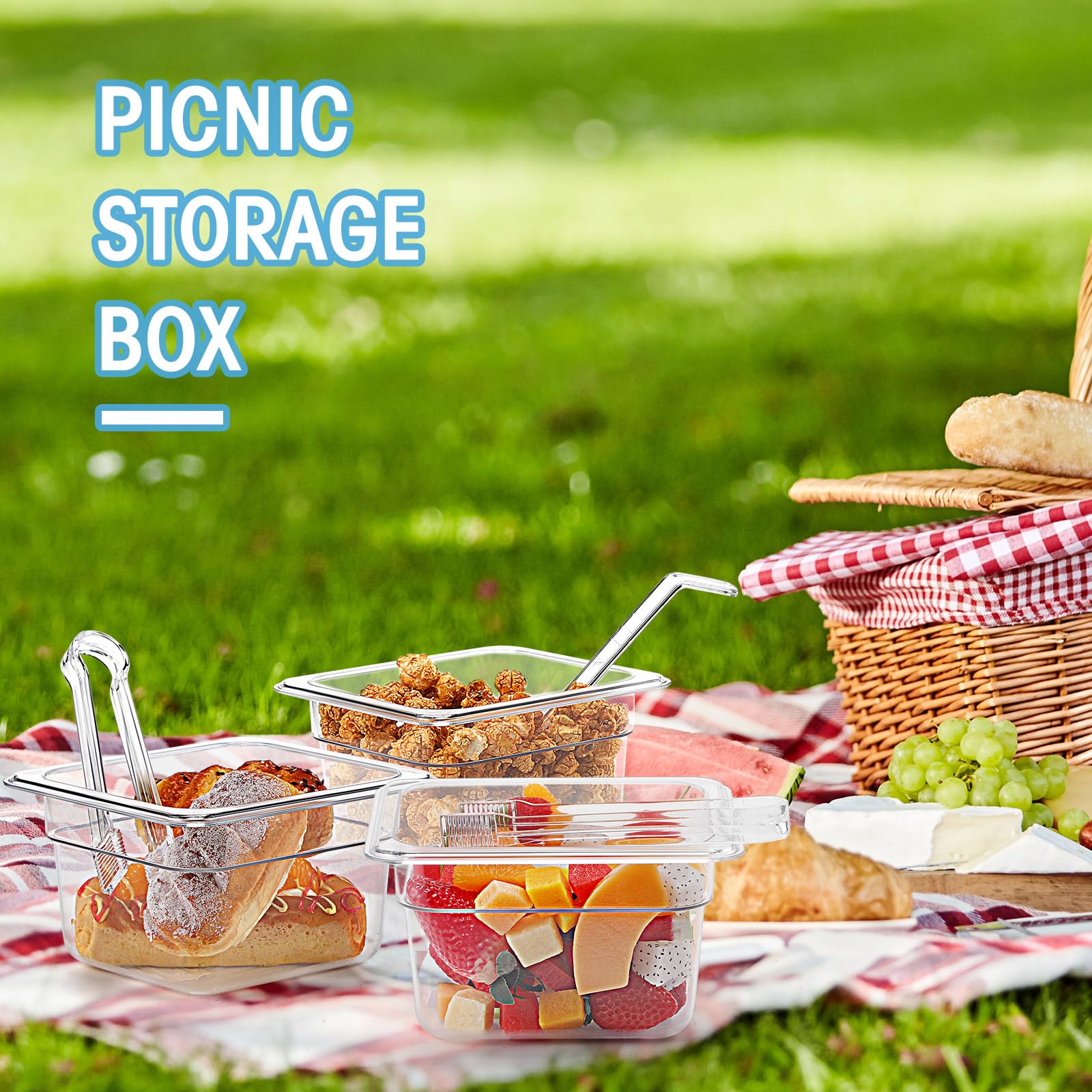 Suttmin 15 Pcs Plastic Clear Food Pan Set, 1/6 Size Clear Food Pan with Lid, Tongs, Spoons, Stickers Stackable Food Storage Container Restaurant Hotel Commercial Pan for Fruit Vegetable (4 Inch Deep)