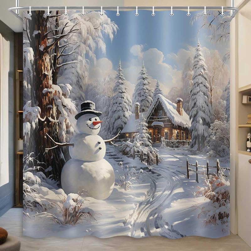 Christmas Snowman Shower Curtain Grey - 71 x 71 in Waterproof Polyester Bath Decor