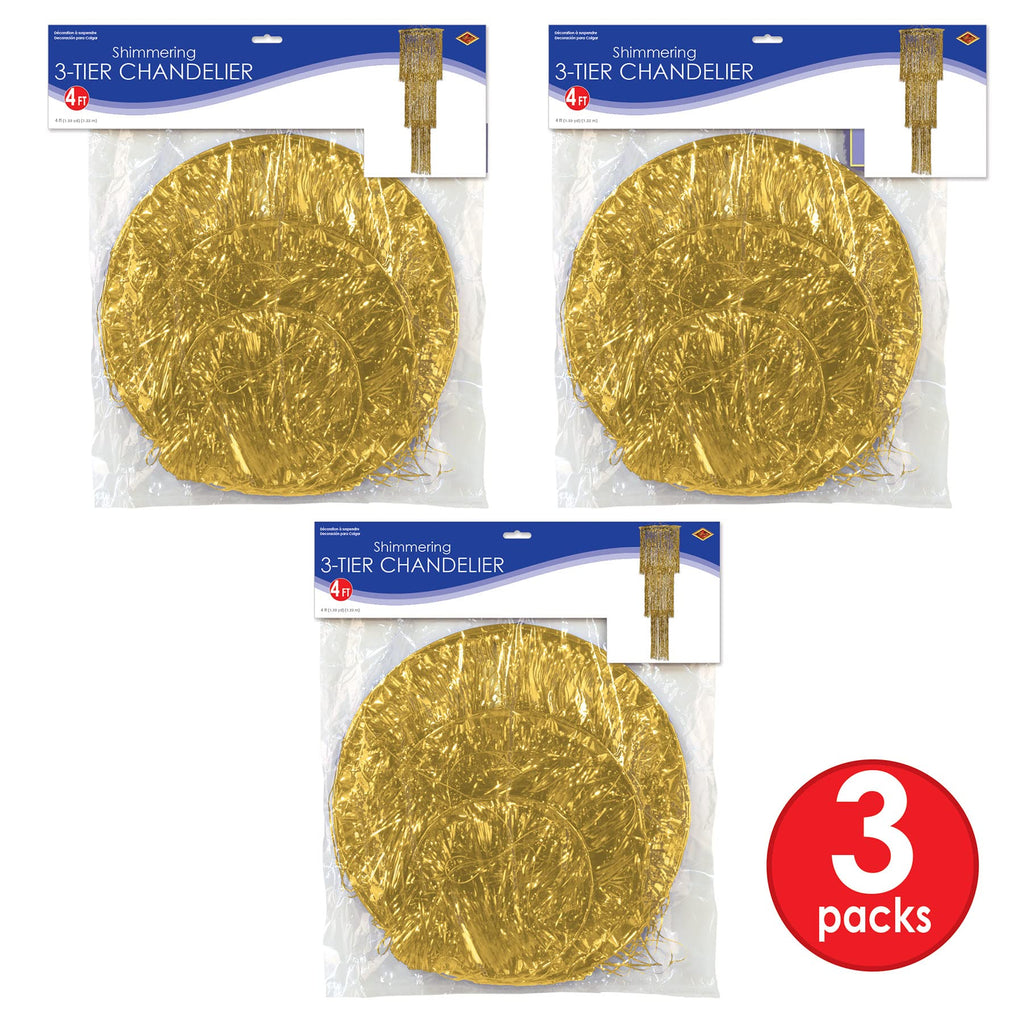 Beistle 3-Tier Shimmering Chandeliers – 3 Pack Gold Hanging Party Decorations, Elegant Foil Ceiling Décor for New Year’s Eve, Weddings, Anniversaries, 1920’s Themed Parties and Celebrations, 4 Ft
