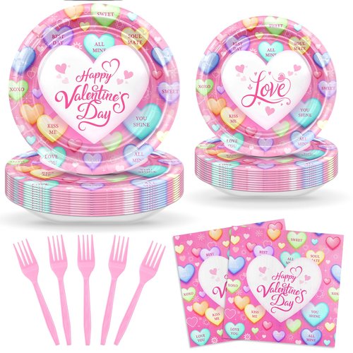 Avezano 96 pcs Valentines Plates and Napkins Disposable Happy Valentine's Day Paper Plates Conversation Hearts Tableware Serve 24, Pink