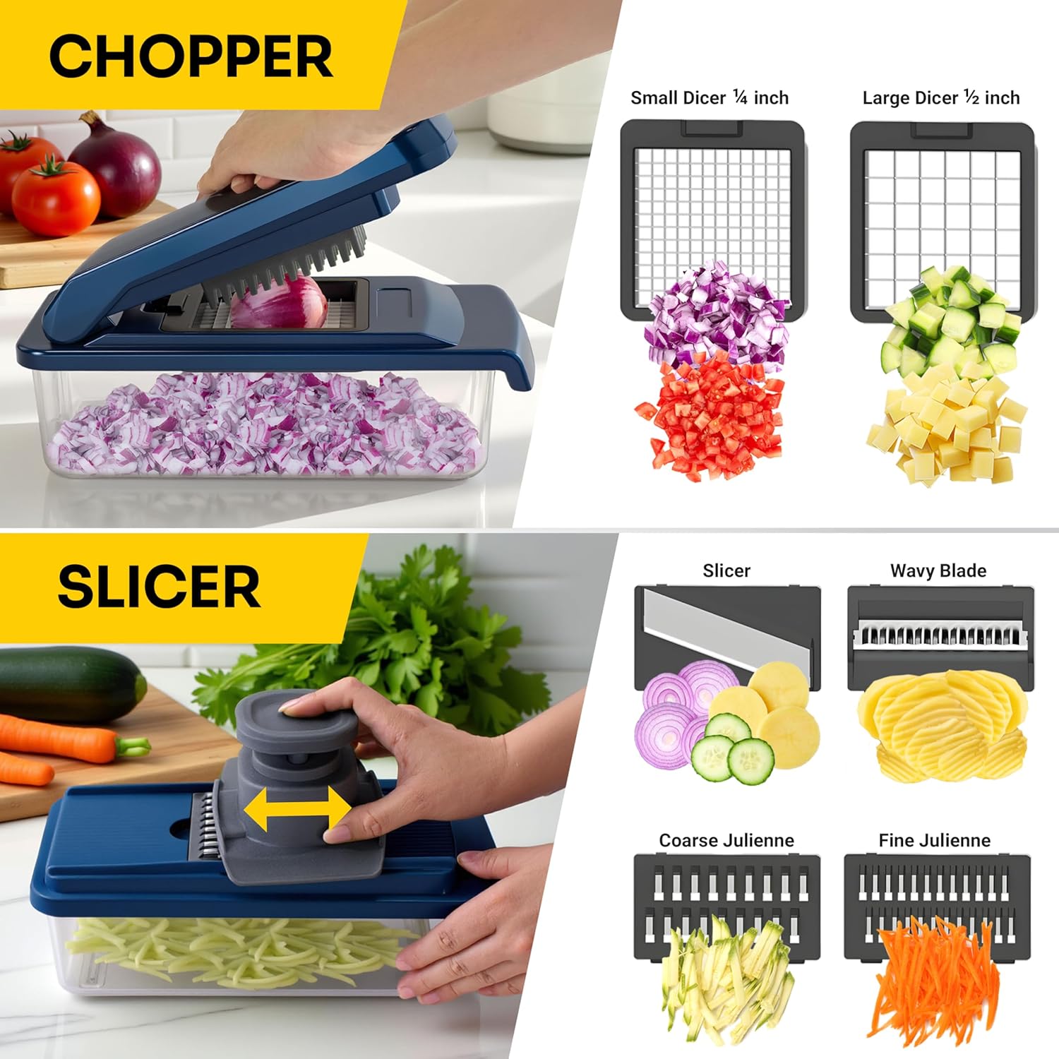 UltraChop Heavy Duty Vegetable Chopper - 12 Blades, Spiralizer & Mandoline Slicer | Blue Kitchen Essential