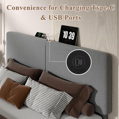 VECELO Twin Bed Frame with Type-C & USB Ports, Upholstered Platform Height-Adjustable Cotton and Linen Headboard,No Box Spring Needed, Noise-Free, Easy Assembly, Dark Grey