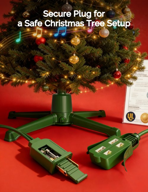 COOLWUFAN Musical Rotating Christmas Tree Stand with Remote Control, Built-in Electrical Outlets Xmas Tree for Up to 9ft Artificial Trees, Stable 360 Degree Spinning Tree Base Holder