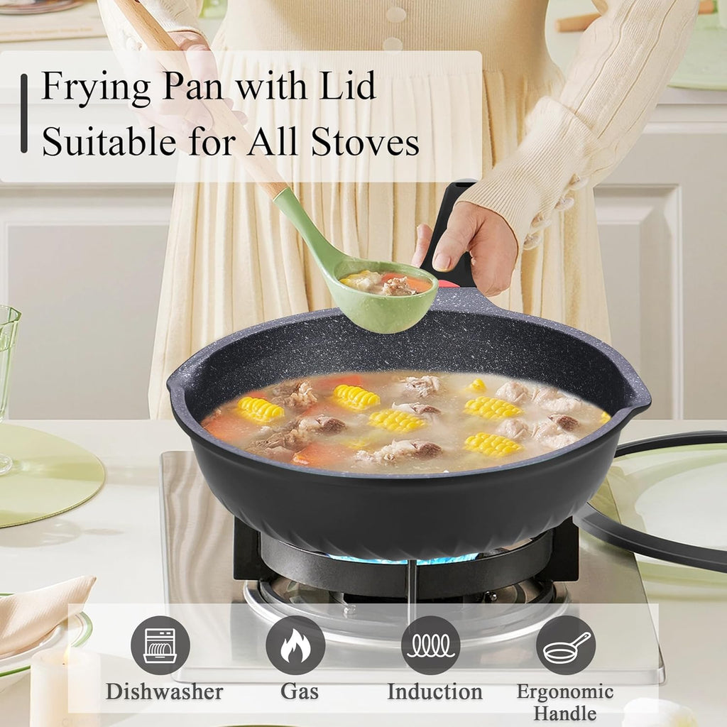 Vinchef Nonstick Skillet - 12.5-Inch Aluminum Deep Frying Pan with Lid & Heat Indicator | Scratch & Stain Resistant