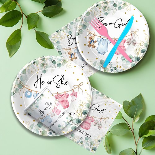 APOWBLS Gender Reveal Decorations, Greenery Baby Clothes Theme Boy or Girl Gender Reveal Baby Shower Party Supplies, He or She Paper Plates and Napkins Set, Cups, Disposable Cutlery, Serves 24