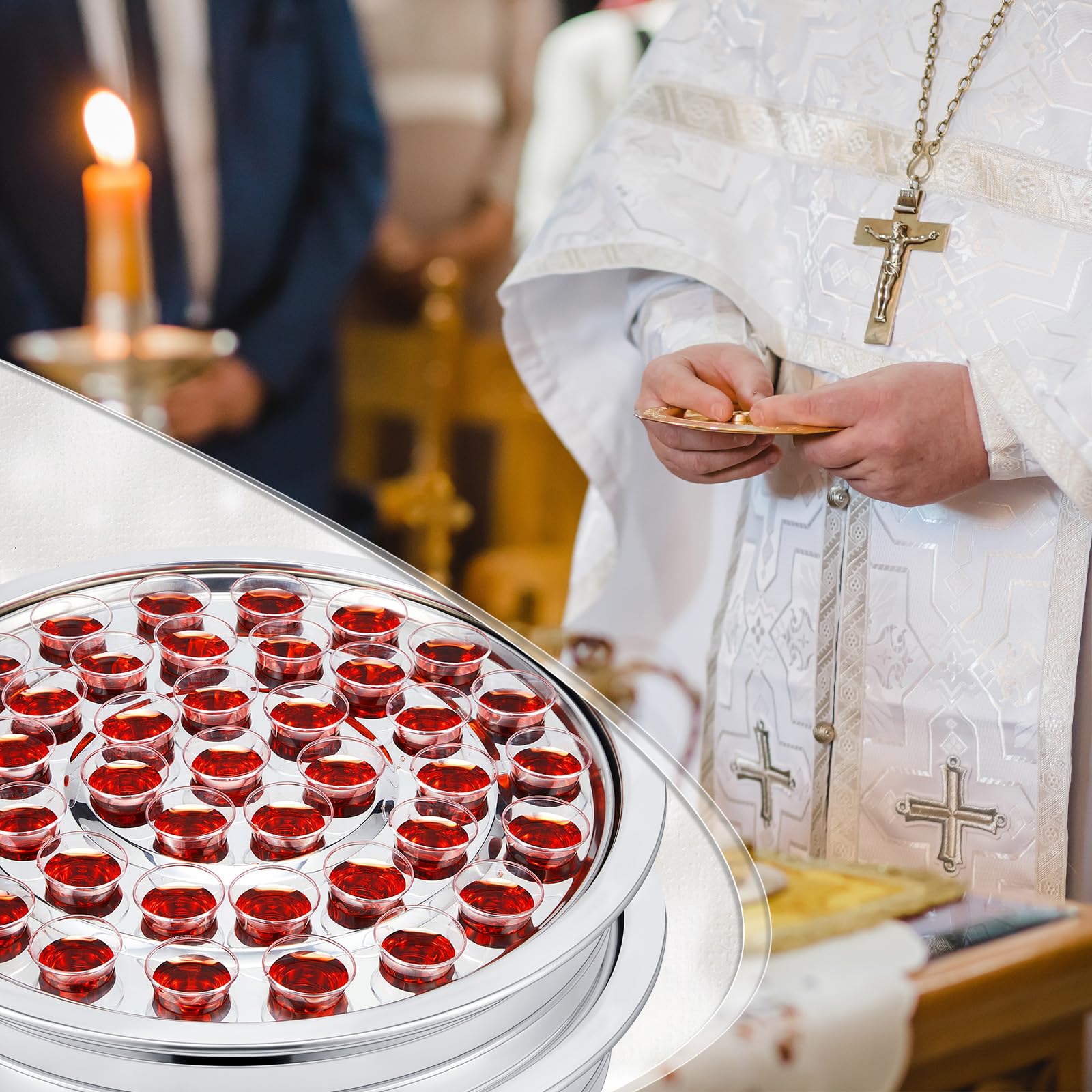 Zhehao 2 Pcs Communion Trays with Disposable Chalices for Church Supplies, Each 40 Holes Communion Supplies Set Stackable Worship Trays for Church Services Weddings & Gatherings (Silver)