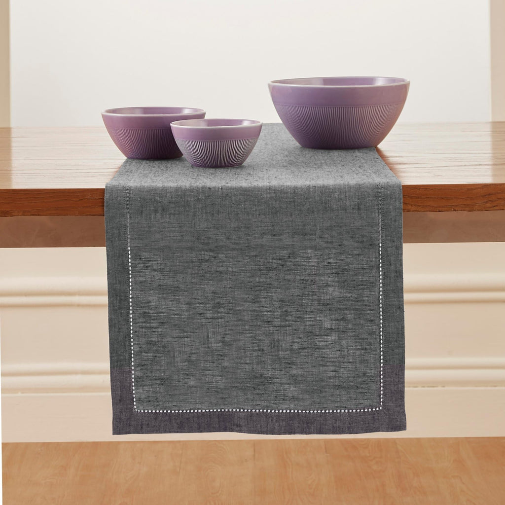 Solino Home Linen Table Runner 120 Inches Long - 100% Pure Linen Charcoal Grey Table Runner 14 x 120 Inch - Milan Hemstitch