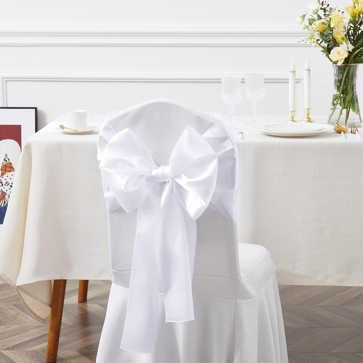 Regine Switzerland 10 Pcs White Satin Chair Sashes - Elegant Bows for Weddings & Events | 6 x 108 Inch