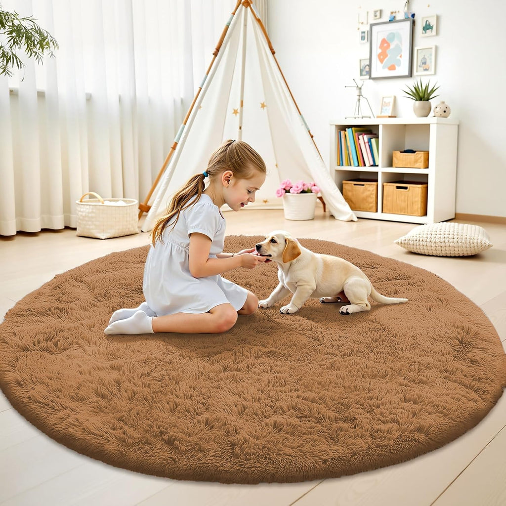 OLANLY Round Khaki Area Rug - Soft, Fluffy, Machine Washable 5 ft Circle Carpet for Bedroom & Living Room