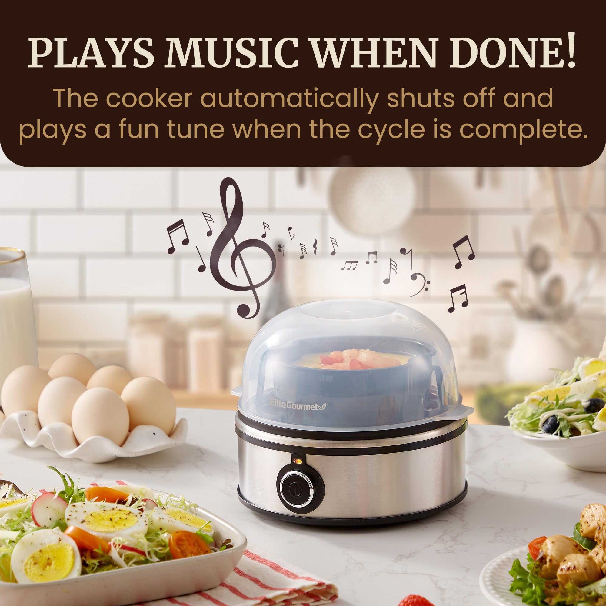 Elite Gourmet EGC855SS Easy Egg Cooker, 7-Egg Capacity, Soft, Medium, Hard-Boiled, Omelets, Poached Eggs, Plays Melody when Done, Auto Shut-Off, Measuring Cup, Stainless Steel