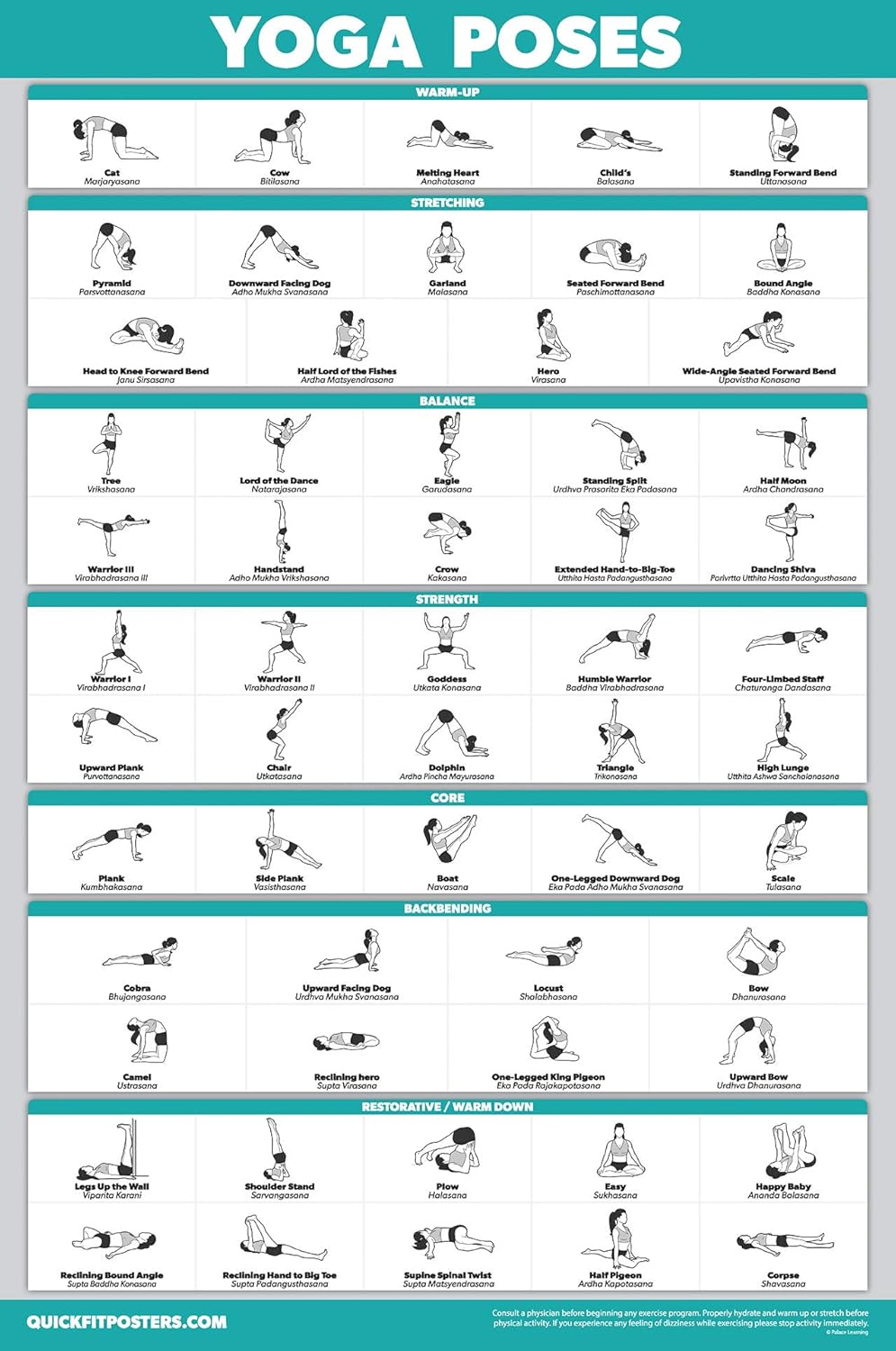 Palace Learning QuickFit Yoga Position Poster - Laminated Yoga Asana Poses Chart, 18" x 24"
