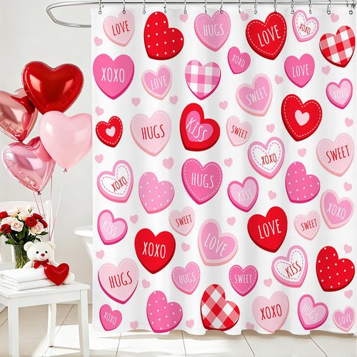 Lindameler Valentines Shower Curtain Cute Love Pink Hearts Shower Curtain for Valentines Day Decorations Waterproof Romantic Sweetheart Bathroom Decor Curtain, 72 X 72 Inch