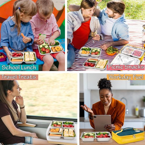 KTKUDY 3 Pack Stainless Steel Snack & Lunch Containers with Plastic Lids - Meal Prep Containers 3 Compartments - Metal Bento Lunch Boxes for Kids & Adults - Not 100% Leakproof - Toddler & Kids Plates
