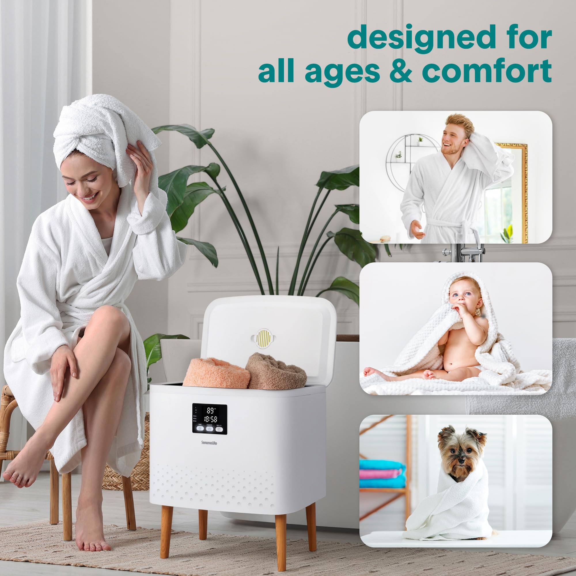 SereneLife Rectangular Towel Warmer Bucket, Large Capacity Blanket and Towel Warmer for Bathroom, Single-Touch Control, Energy-Efficient Design with Auto Shut-Off, 20L Capacity, White