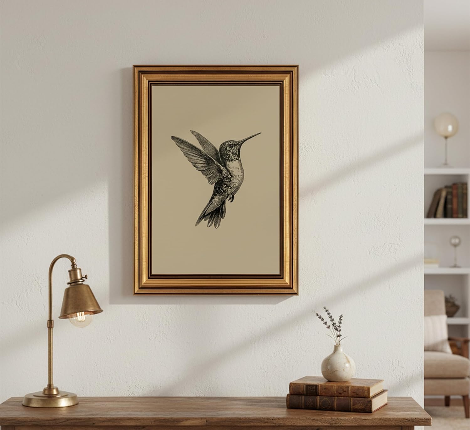 MDHFJEAW Vintage Gold Framed Hummingbird Wall Art - Retro Black & White Canvas Print, 12x16 In
