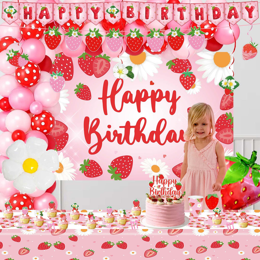 ZOYVUX Strawberry Birthday Decorations, Berry Party Decorations Including Balloon Arch Banner, Tablecloth, Backdrop, Cake Topper, Balloons, Hanging Swirls, Plates, Cups For Strawberry Themed Party