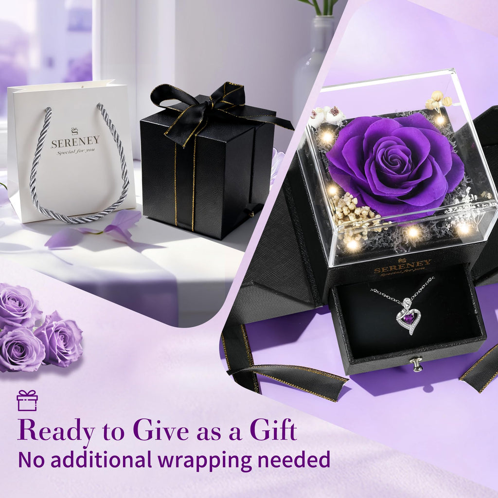 Sereney Preserved Purple Flower Rose with Necklace, Forever Flowers Eternal Rose with Purple Heart Jewelry Mothers Day Gifts for Women Mom Wife Grandma Friend as Christmas Birthday Gifts