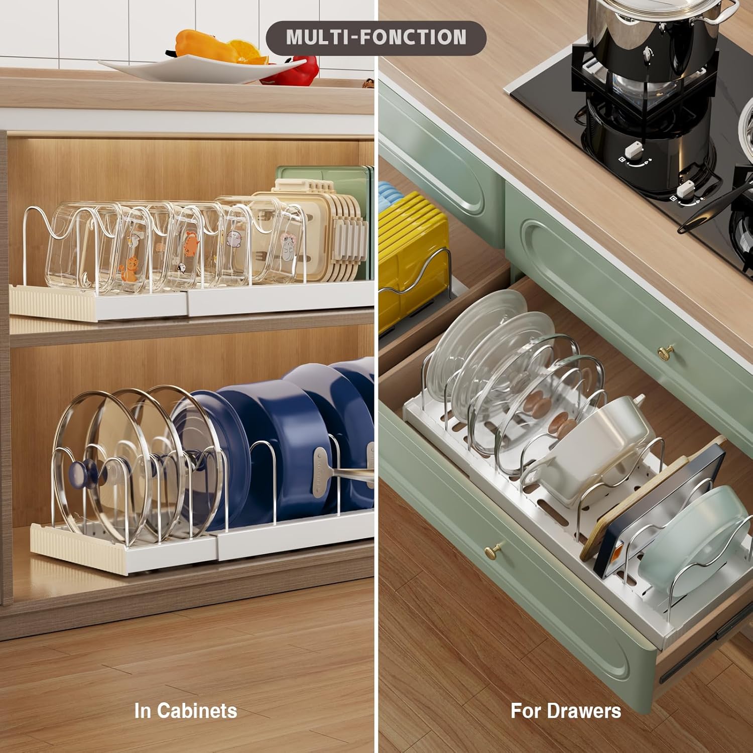 Magheo Expandable Food Storage Container Lid Organizers - 22" Under Cabinet Rack with 9 Adjustable Dividers (White)