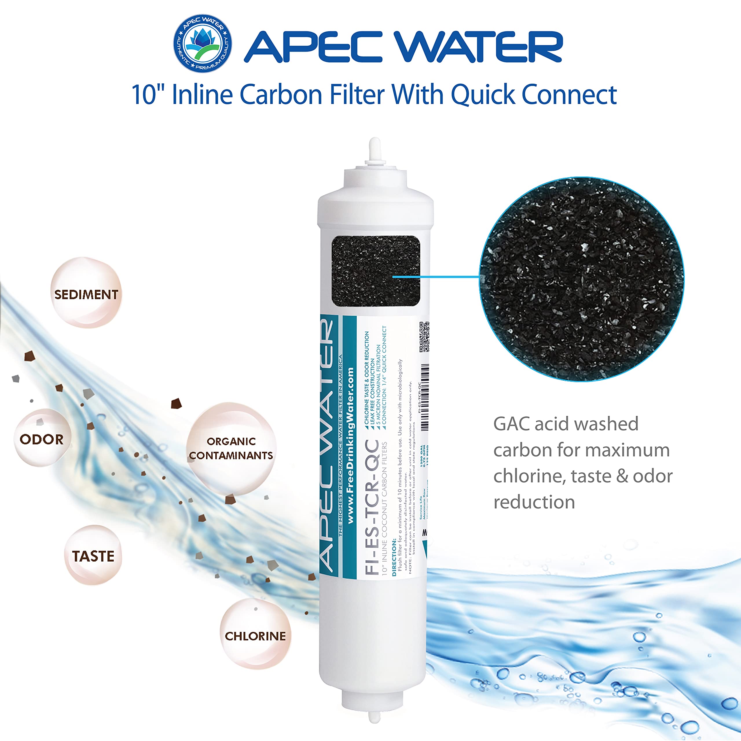 APEC MEM-ES-50 50 GPD Membrane Filter for Reverse Osmosis System and FI-ES-TCR-QC 10" High Capacity Inline Carbon Filter, White