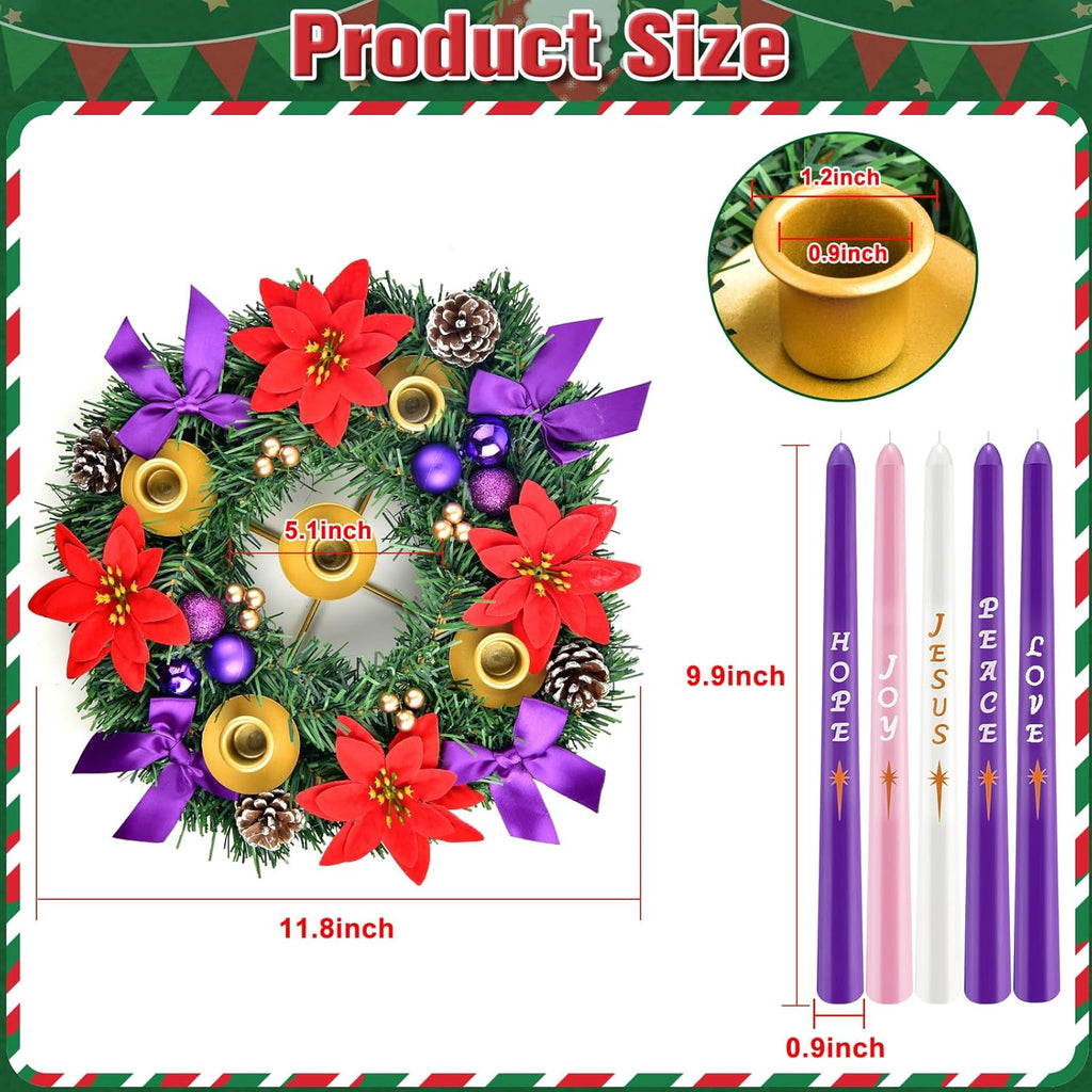 Skiennix 12-Inch Christmas Advent Wreath - 5 Candle Holder Set with Fire Retardant Metal Cups