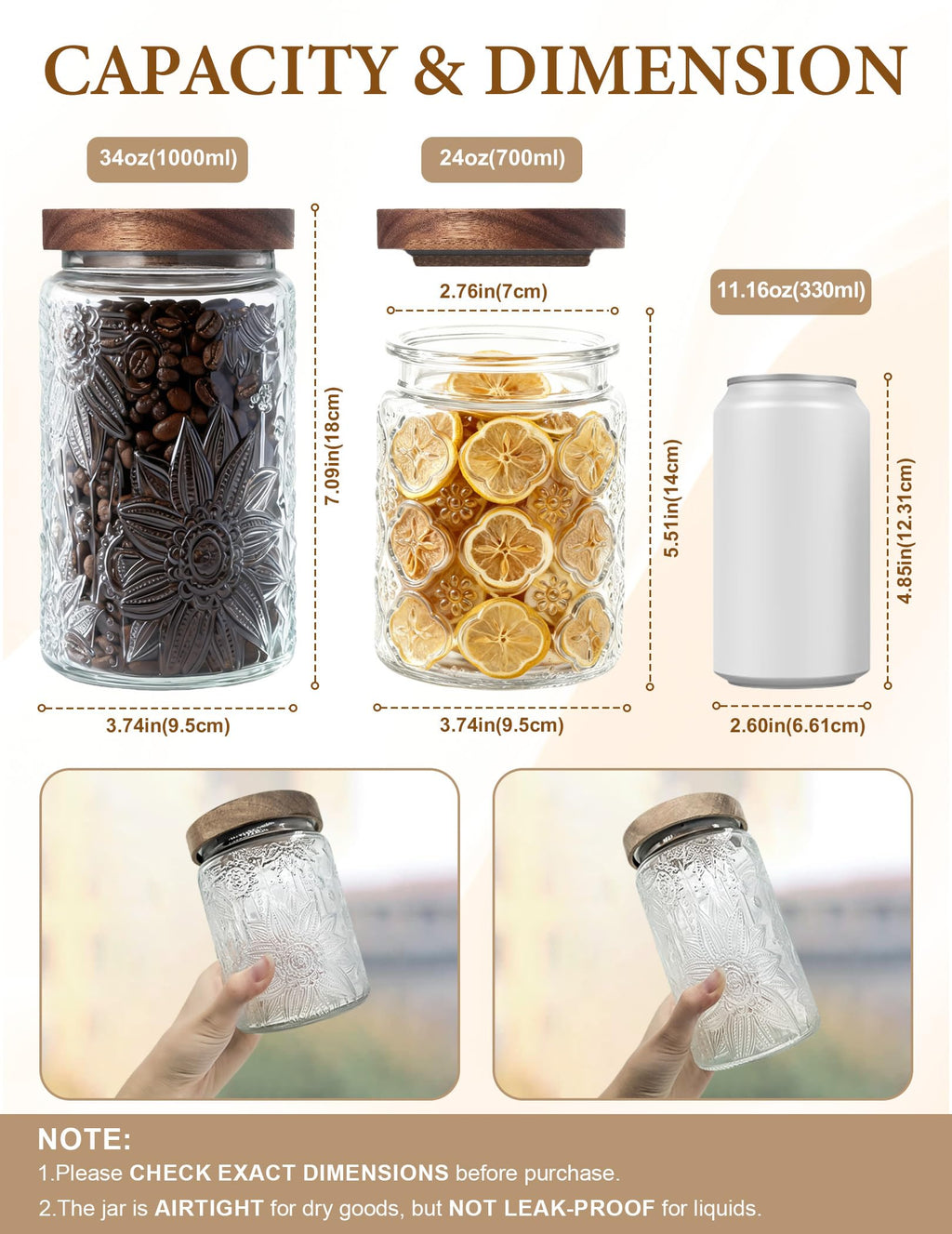 PENGSHU Vintage Glass Jar with Wood Lid - Christmas Airtight Canisters for Kitchen Countertop Bathroom, Storage Candy, Cookie, Coffee, Apothecary, Sugar, Flour,Pet Treat (Begonia, 24oz/700ml)