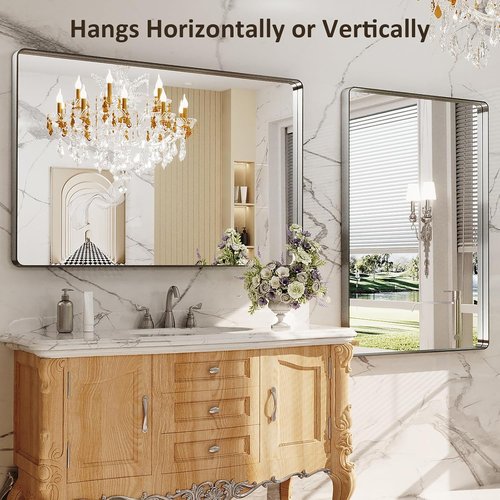 LOAAO Brushed Nickel Bathroom Mirror - 48x30 Inch Rounded Rectangle Design | Anti-Rust & Shatterproof