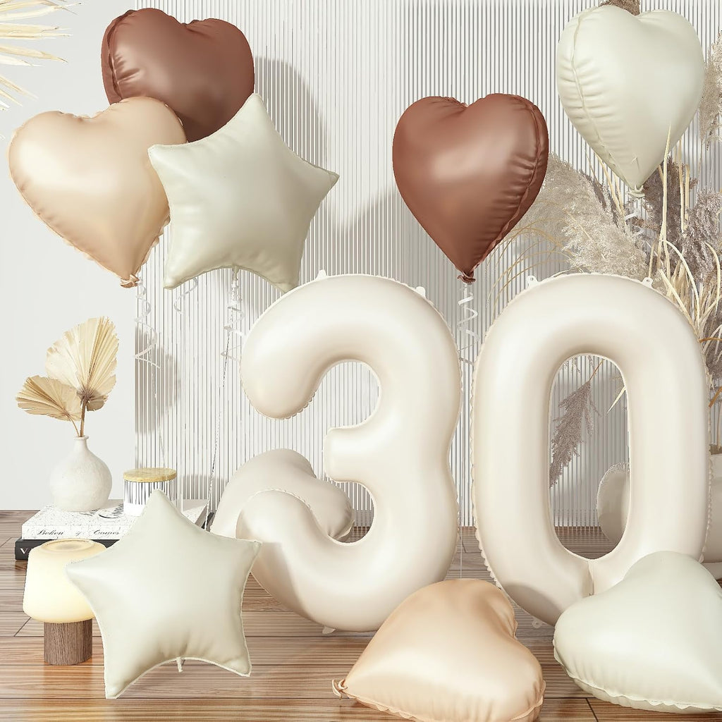 Skiennix 30 Balloons Decor - Beige Nude Apricot Foil Star & Heart Balloons | 40'' White Sand Helium Number 30 for 30th Birthday & Wedding Anniversary Celebrations