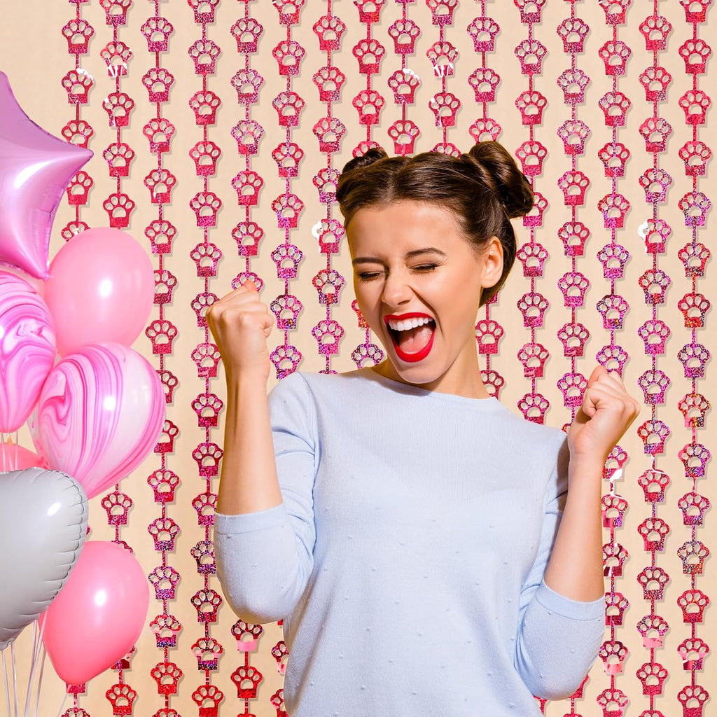 MENSTARSI Cat Birthday Decorations - 2 Pack Pink Cat Paw Party Supplies | 3.3x6.6 Ft Foil Fringe Curtains & Tinsel Backdrop