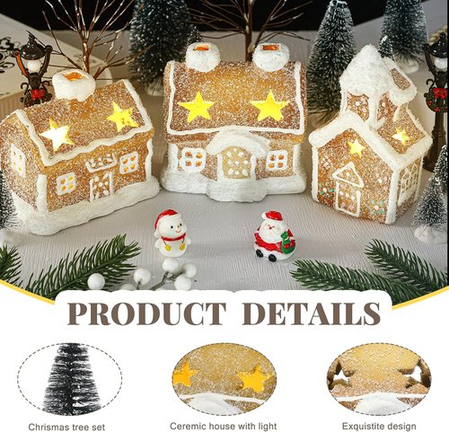GlikCeil LED Christmas Gingerbread Village Set - 17 Pieces with Ceramic Houses, Birch Trees & Pine Trees