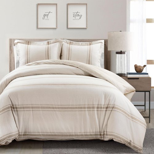 Lush Decor Farmhouse Stripe Reversible Cotton Duvet Cover Queen Size 3 Piece Set Full/Queen Neutral - Farmhouse Bedding Set - Striped Duvet Cover