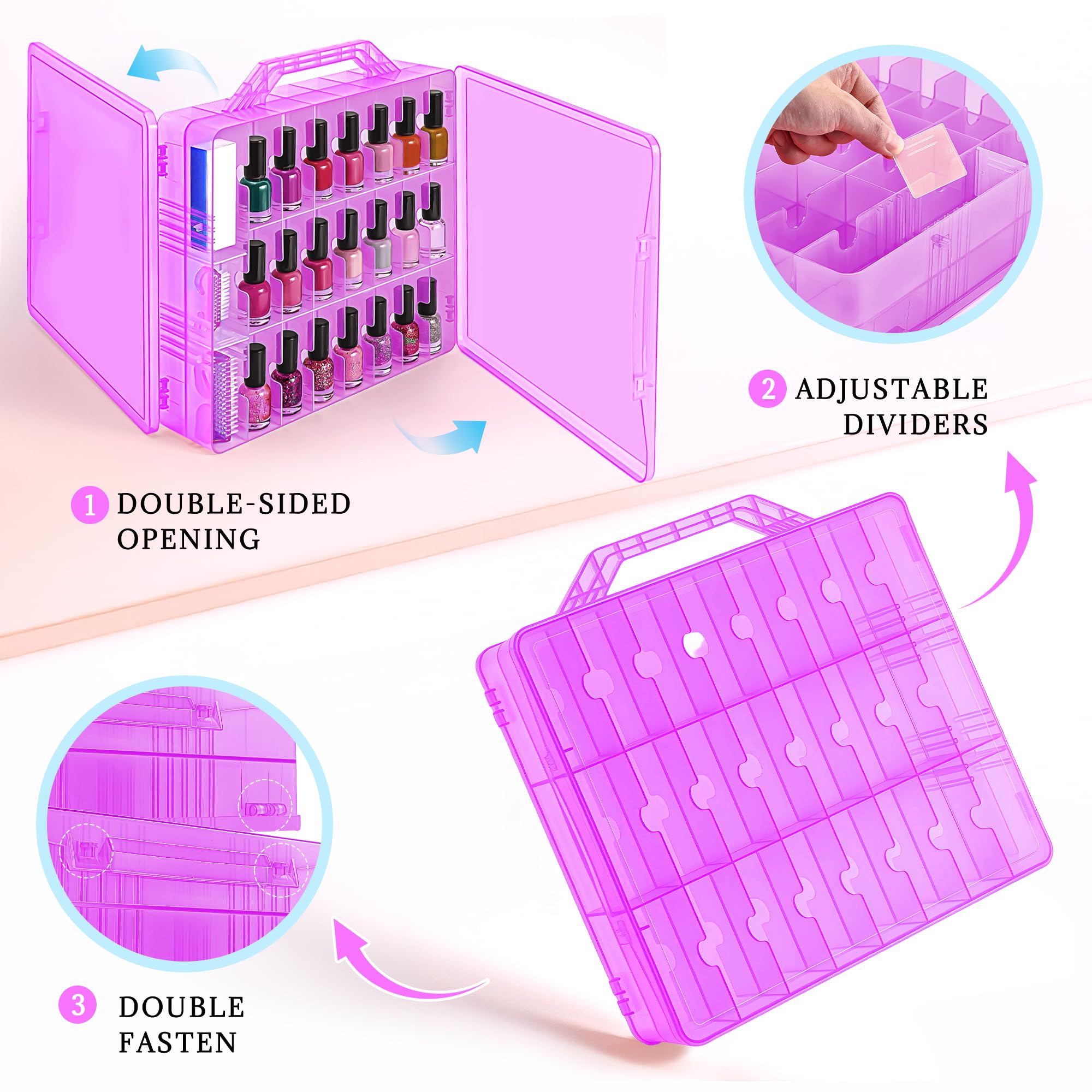 DreamGenius Nail Polish Organizer Case for 48 Bottles with 2 Nail Separators, Double Side Gel Nail Polish Holder with Adjustable Dividers, Purple