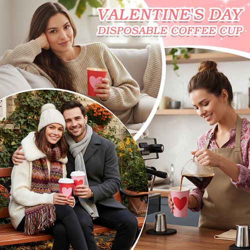 Sunnychicc 60 Set Valentine's Day Disposable Coffee Cups with Lids 12oz Red Pink Hearts Patterns Paper Cups Beverage Drinking Cup for Anniversary Wedding Bridal Shower Party Supplies 2 Style