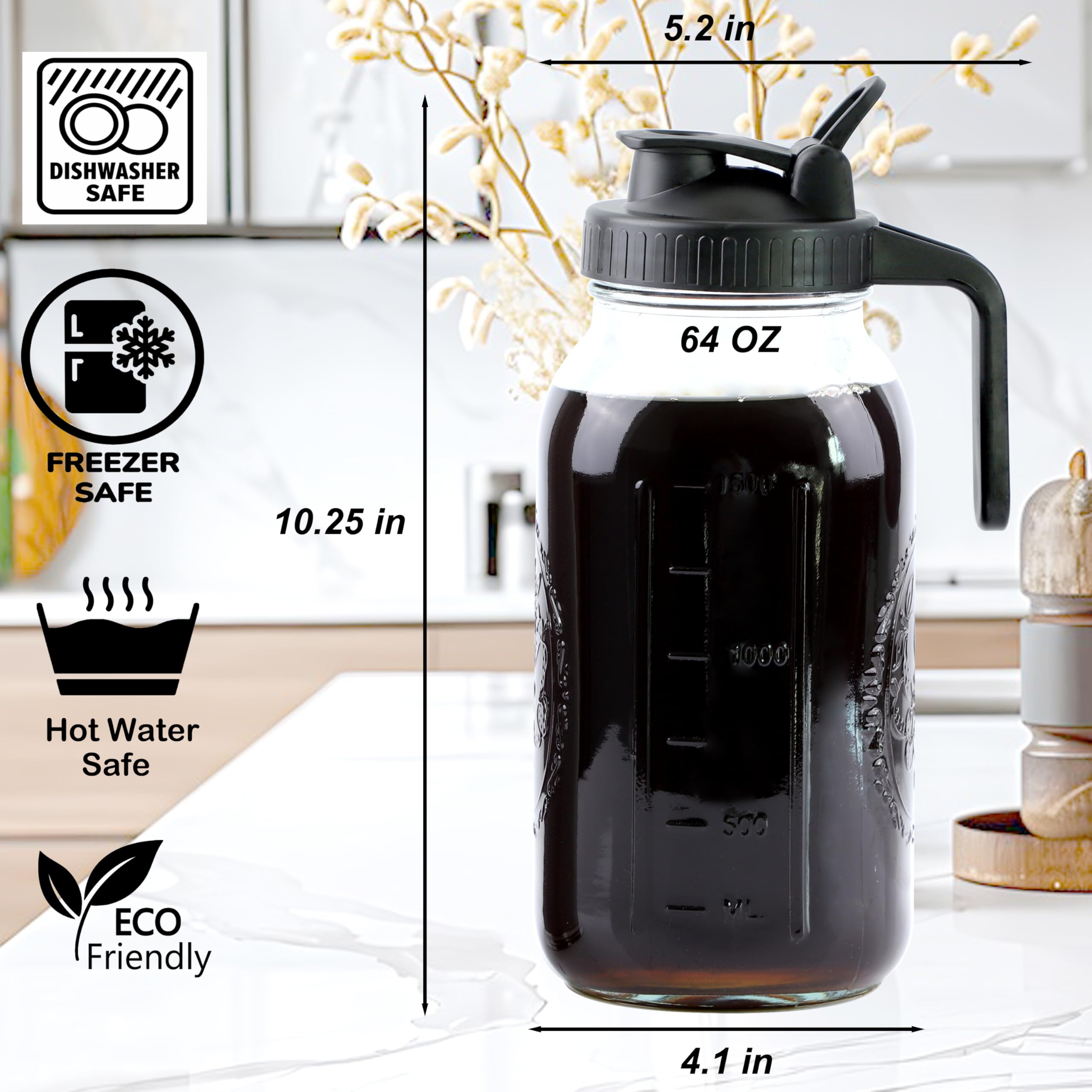 Cold Brew Coffee Maker 64 Oz Mason Jar Iced Coffee Maker 2 Set Half Gallon Glass Pitcher With Pour Spout Lids 2 Quart Wide Mouth Cold Brew Pitcher With Strainer For Fridge, Lemonade, Cold Brew, Milk