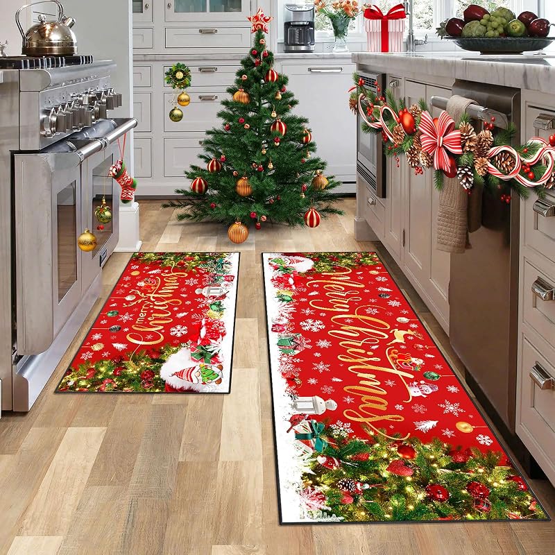 Merry Christmas Kitchen Rugs Set of 2, 17x47 and 17x30, Non-Slip Washable Mats for Christmas Decor