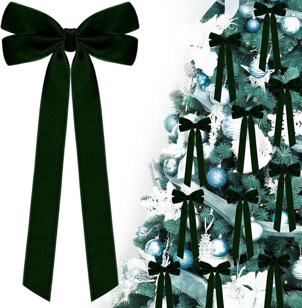 MUKOSEL Velvet Ribbon Bows - 12 Pcs Dark Green Christmas Tree Decorations | Holiday Ornaments & Wreaths