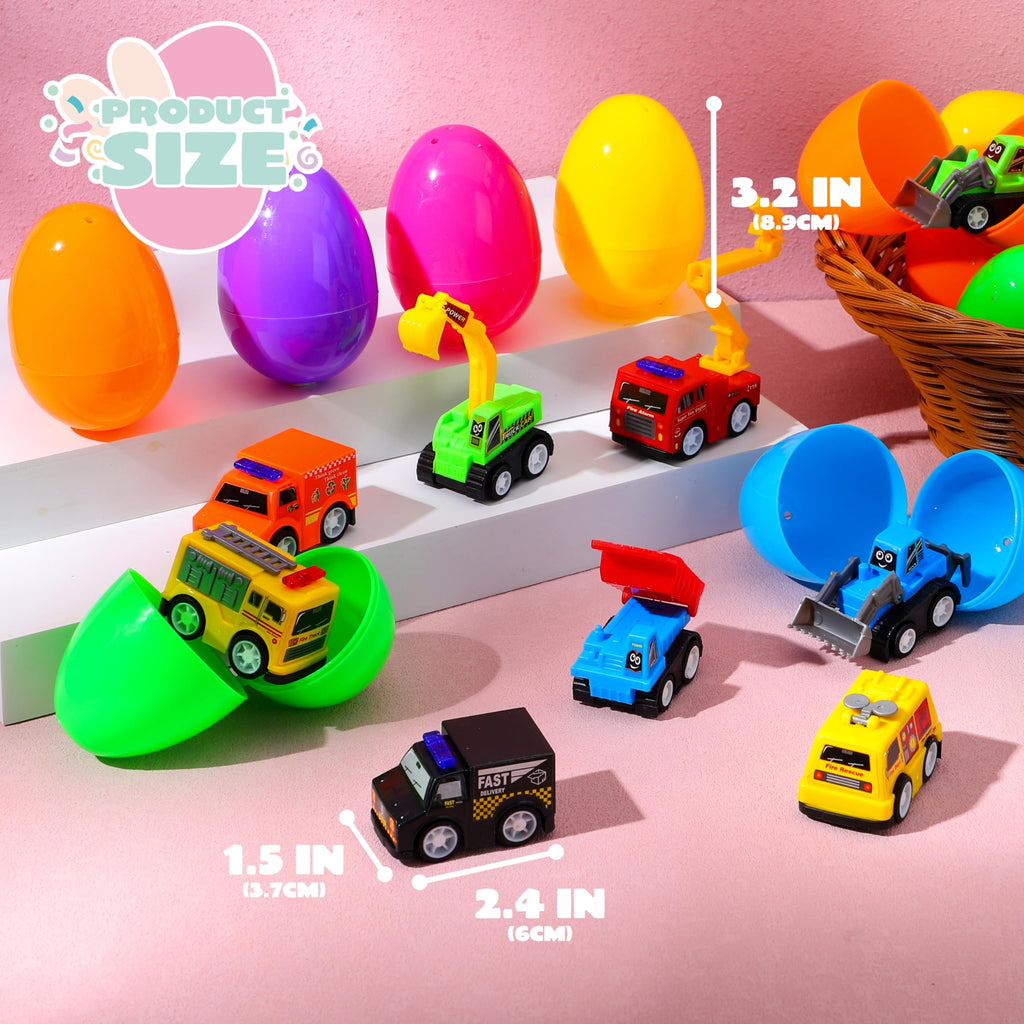 JOYIN 24 Pcs Filled Easter Eggs with Pull Back Construction Cars, Prefilled Easter Egg with Vehicle for Kid Boys, Basket Stuffers/Fillers, Party Favor, Classroom Prize Supplies