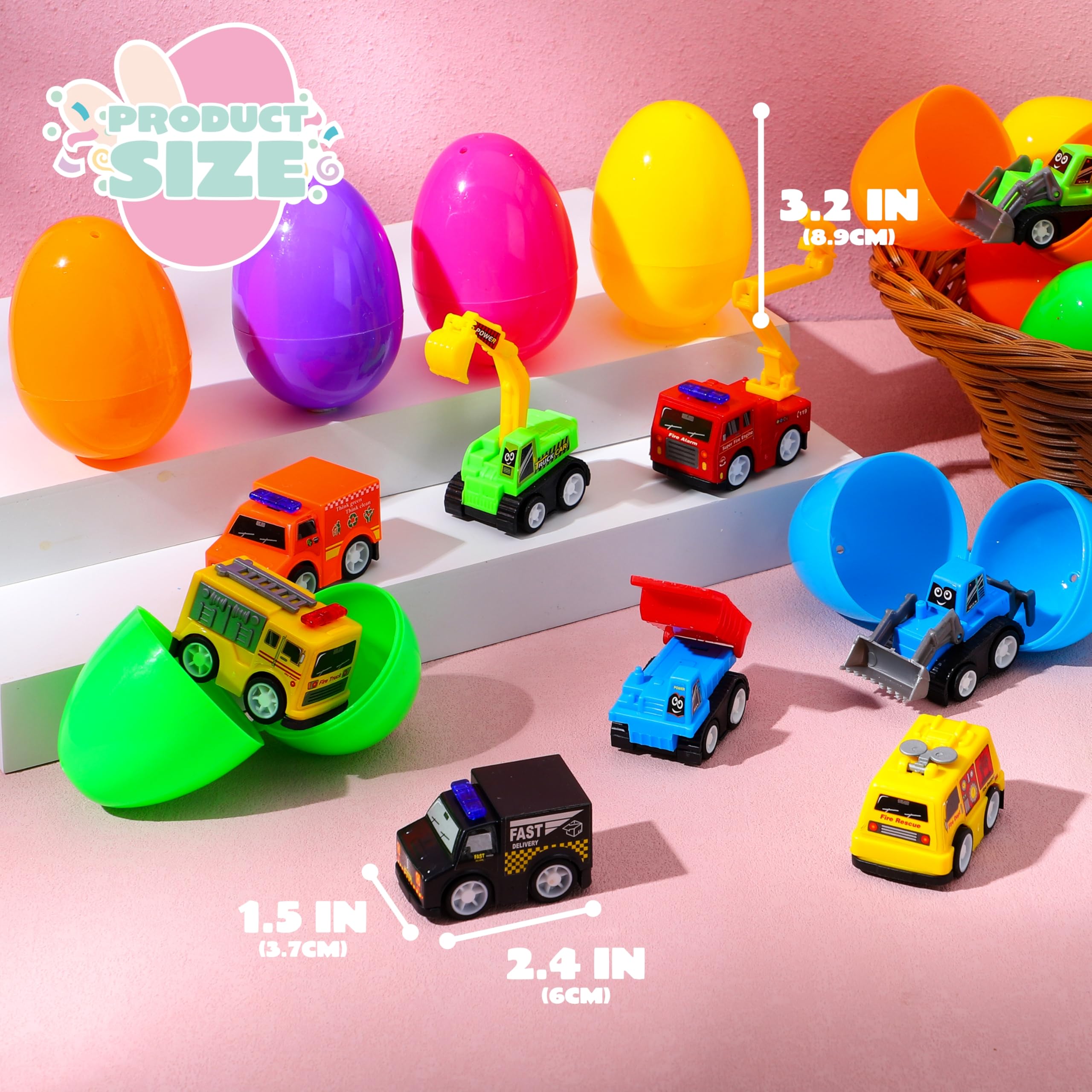 JOYIN 24 Pcs Filled Easter Eggs with Pull Back Construction Cars, Prefilled Easter Egg with Vehicle for Kid Boys, Basket Stuffers/Fillers, Party Favor, Classroom Prize Supplies