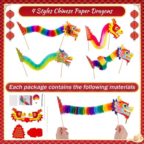 Chinese New Year Paper Dragon Decorations by [Brand Name] - 3D Hanging Garland & Handheld Toys | 8 Pcs Set