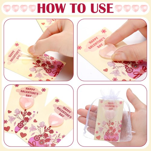 Threehoney 120 Pcs Galentine Gift for Women Bulk with Heart Shape Rose Quartz Galentine Greeting Card 2 x 3 Inch Heart Gemstones Organza Bags for Exchange Valentine Gifts Friends Party Supplies