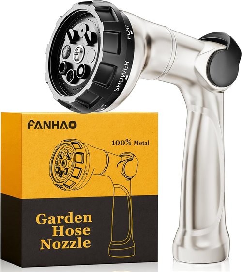 FANHAO Heavy Duty Metal Garden Hose Nozzle - 8 Spray Patterns for High Pressure Watering | Ideal for Lawns & Pets