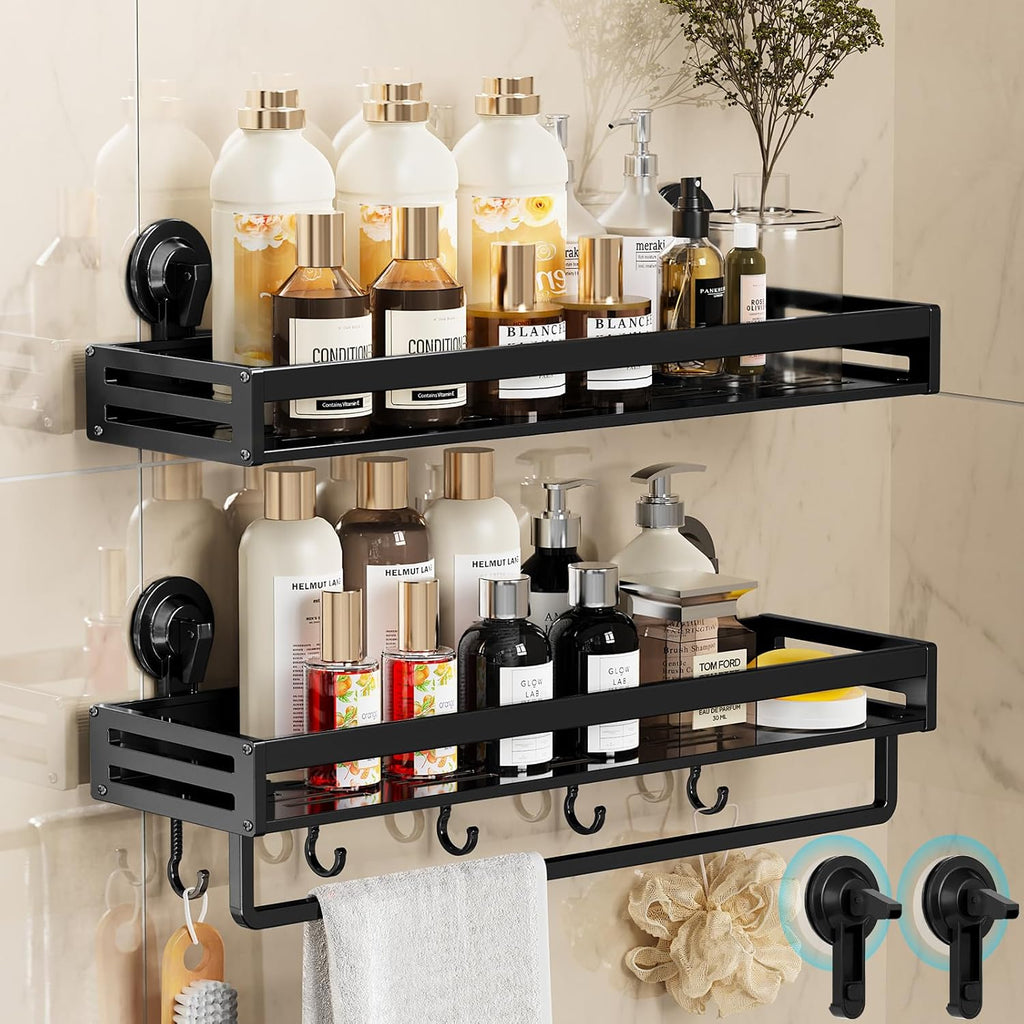 Skiennix Shower Caddy - 15.7 Inch No-Drill Suction Shelf with Hooks | Rustproof Bathroom Organizer - Black