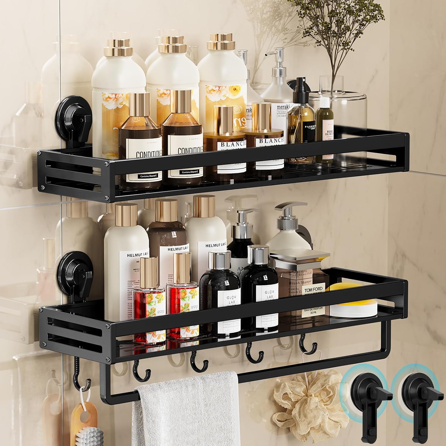 Skiennix Shower Caddy - 15.7 Inch No-Drill Suction Shelf with Hooks | Rustproof Bathroom Organizer - Black