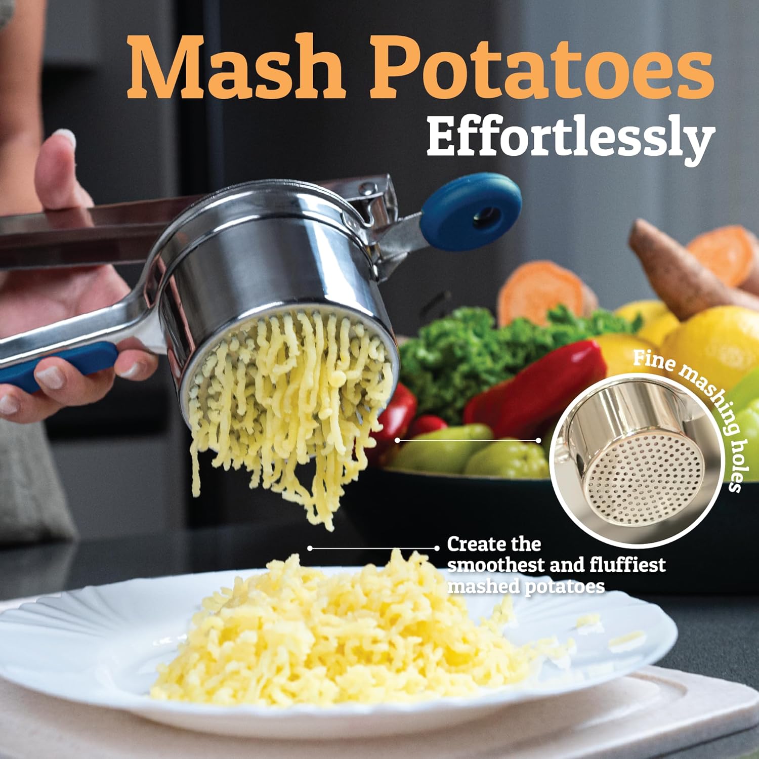PriorityChef 15oz Potato Ricer - Heavy Duty Stainless Steel Masher for Perfect Mashed Potatoes | Blue