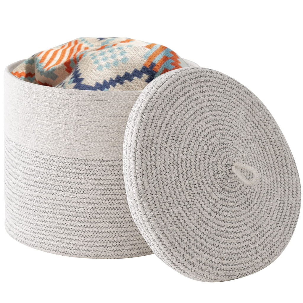Tegance Blanket Basket with Lid, 16"D x 14"H Large Woven Rope Basket Laundry Basket Baby Toy Storage Basket Hamper Decorative Nursery Bin for Living Room Bedroom with Handles