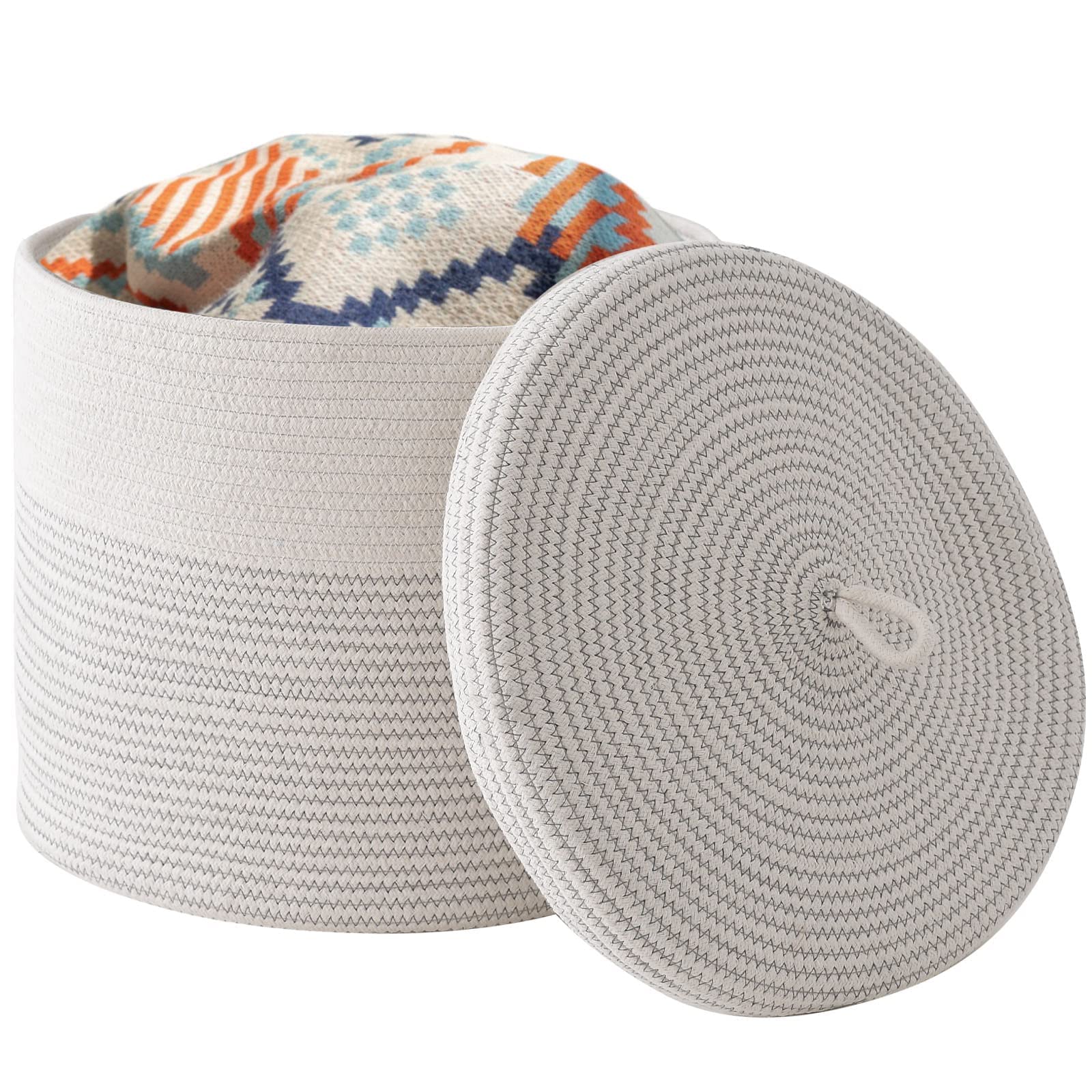 Tegance Blanket Basket with Lid, 16"D x 14"H Large Woven Rope Basket Laundry Basket Baby Toy Storage Basket Hamper Decorative Nursery Bin for Living Room Bedroom with Handles