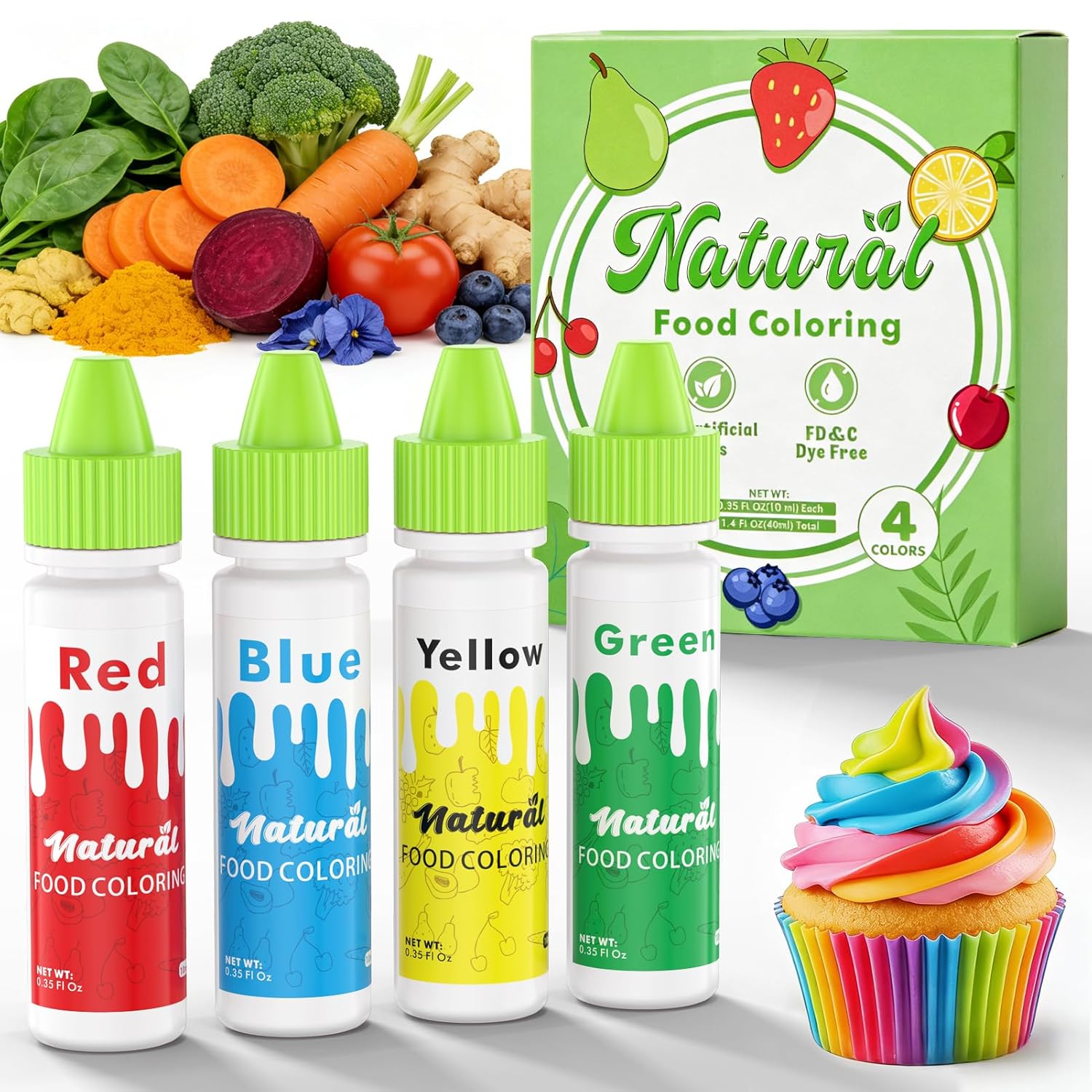 Natural Food Coloring | FD&C & Artificial Dye-Free Formula - 4 Natural Food Dyes for Baking & Decorating - 0.35 Fl. Oz (10 ml) Bottles